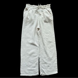 Mango Wide Leg Pants Pull On Drawstring 100% Cotton Cream Coastal Lightweight